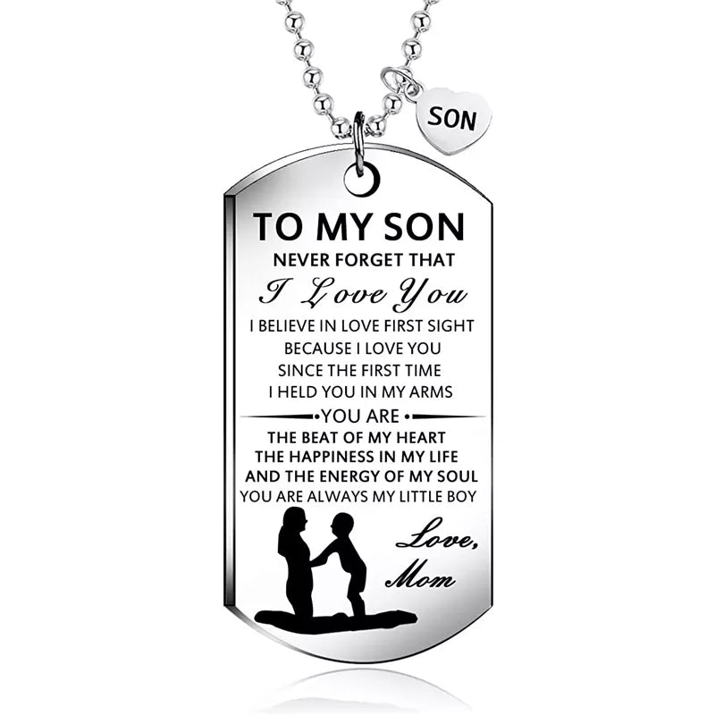 Stainless Steel Dog Tag Letters to My Son.Love mom Pendant Necklace,Inspirational Gifts for Son Jewelry