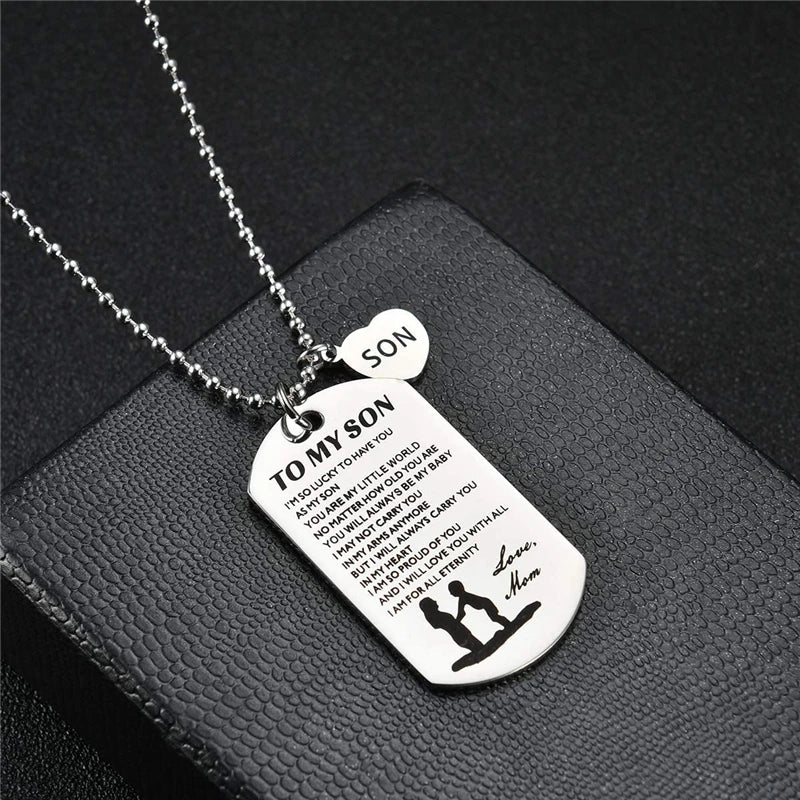 Stainless Steel Dog Tag Letters to My Son.Love mom Pendant Necklace,Inspirational Gifts for Son Jewelry