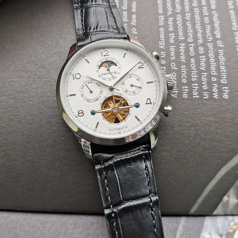 Parnis 43mm White Dial Automatic Men's Watches Moon Phase Calendar Men Wristwatch JHS35 Movement Mechanical Man Clock Box Gift