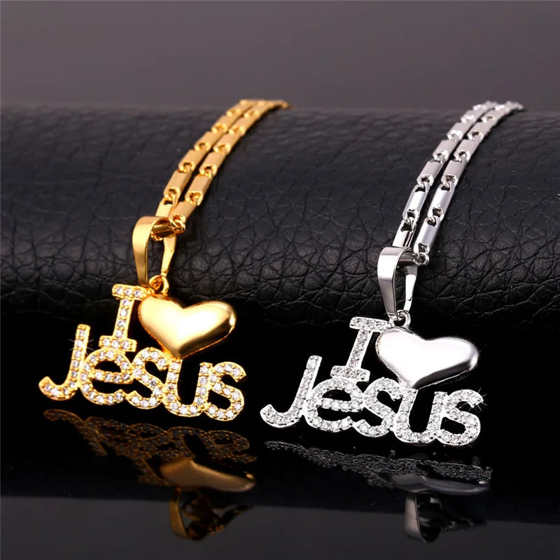 Jesus Piece Pendant Necklace Trendy Gold Color Chain Crystal Heart Necklace Women/Men Christian Jewelry