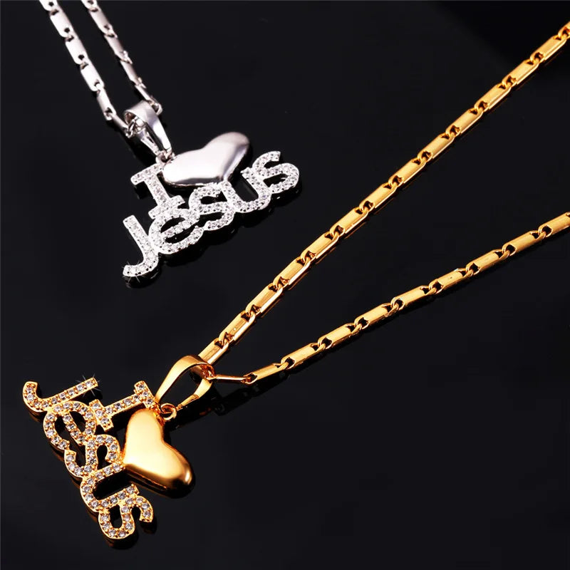 Jesus Piece Pendant Necklace Trendy Gold Color Chain Crystal Heart Necklace Women/Men Christian Jewelry