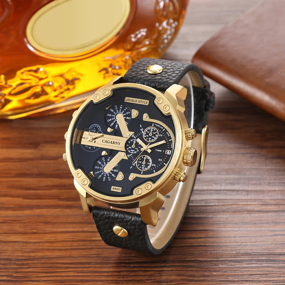 Cagarny Men's Watches Men Fashion Quartz Wristwatches Cool Big Watch Leather Bracelet 2 Times Military Relogio Masculino D6820