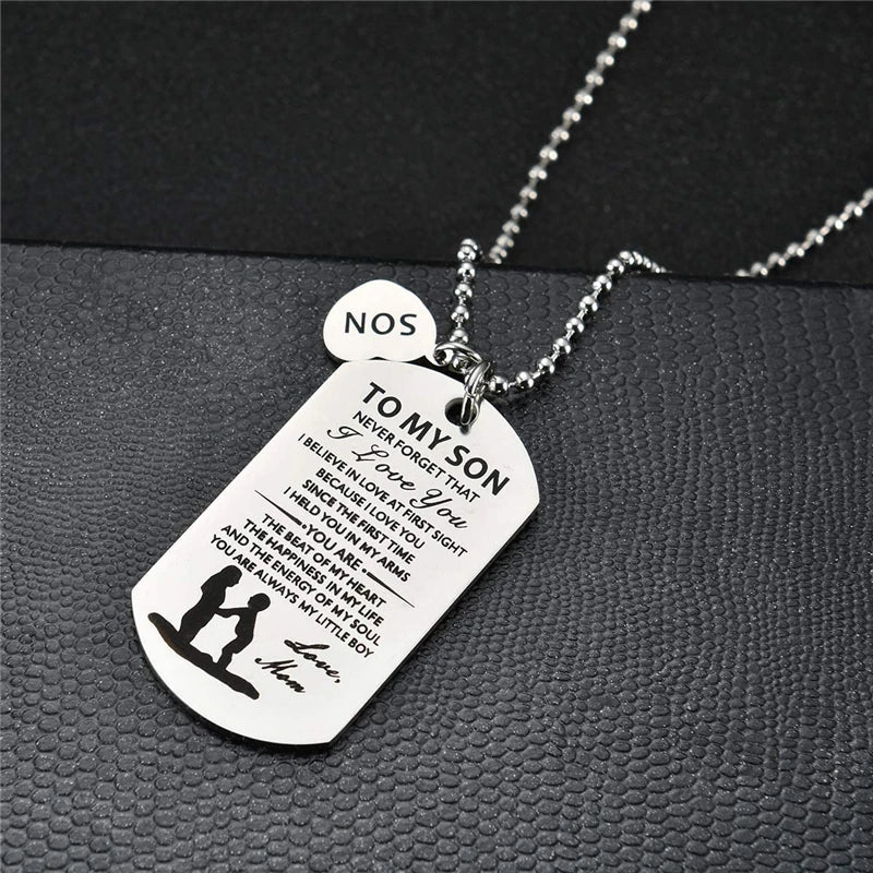 Stainless Steel Dog Tag Letters to My Son.Love mom Pendant Necklace,Inspirational Gifts for Son Jewelry