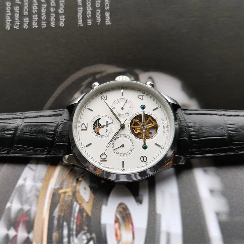 Parnis 43mm White Dial Automatic Men's Watches Moon Phase Calendar Men Wristwatch JHS35 Movement Mechanical Man Clock Box Gift