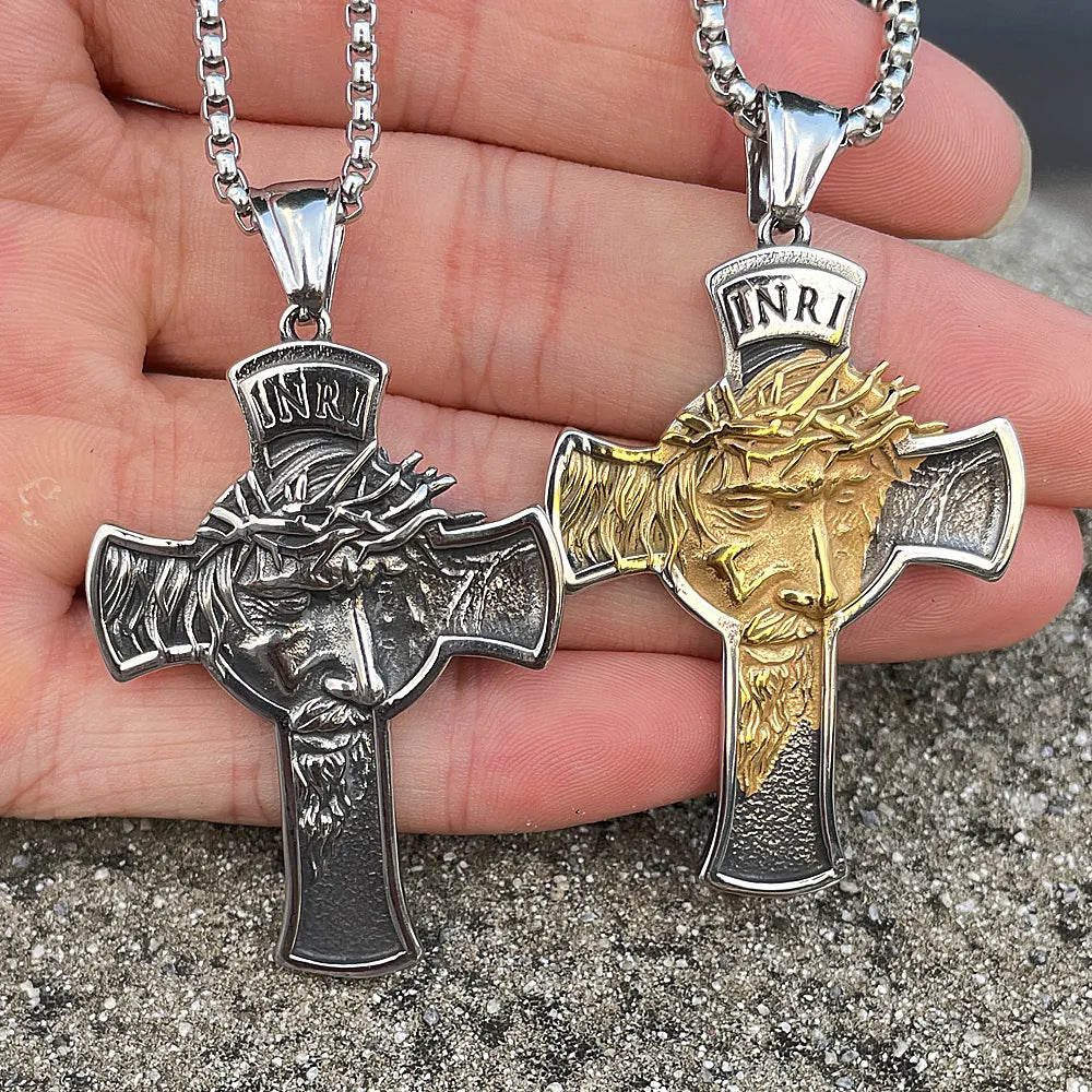 Stainless Steel Jesus Face Cross Pendant Necklace Men Boy Vintage Catholic Cross Jesus Necklace Chain Amulet Jewelry Gift