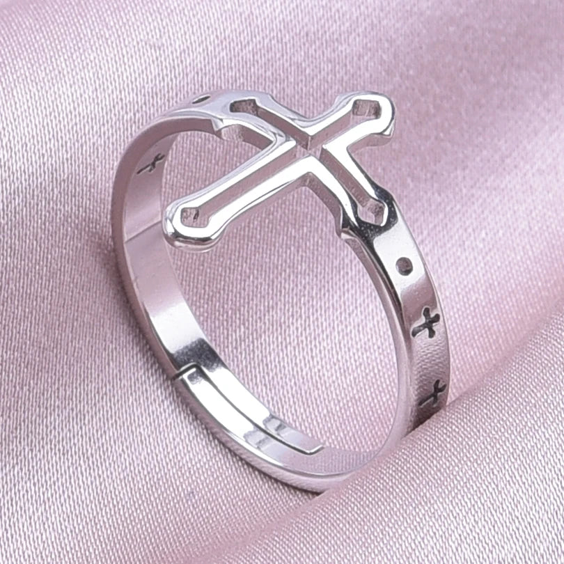 Belief Religious Jesus Cross Rings For Women Men Accessories Opening Adjustable Stainless Steel Ring Couple Jewelry Anillos Gift