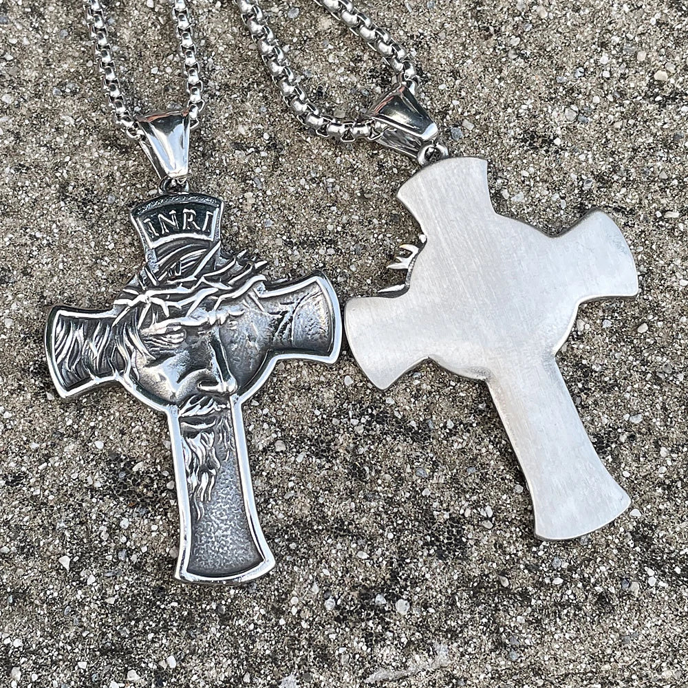 Stainless Steel Jesus Face Cross Pendant Necklace Men Boy Vintage Catholic Cross Jesus Necklace Chain Amulet Jewelry Gift