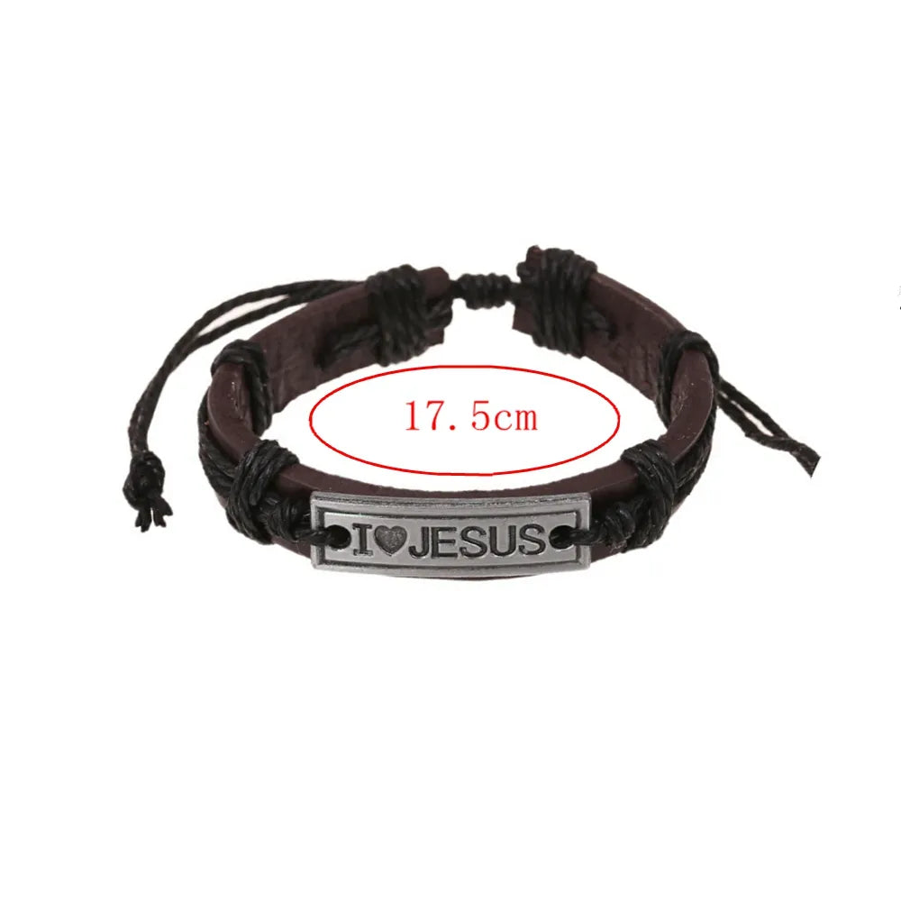 Vintage Wrap Alloy Christian Wristband "I Love JESUS" Religious Bracelet Leather Cuff Bangle