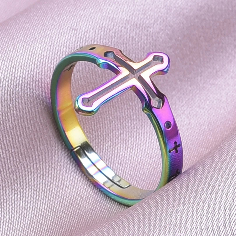 Belief Religious Jesus Cross Rings For Women Men Accessories Opening Adjustable Stainless Steel Ring Couple Jewelry Anillos Gift