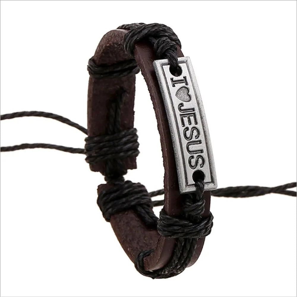 Vintage Wrap Alloy Christian Wristband "I Love JESUS" Religious Bracelet Leather Cuff Bangle