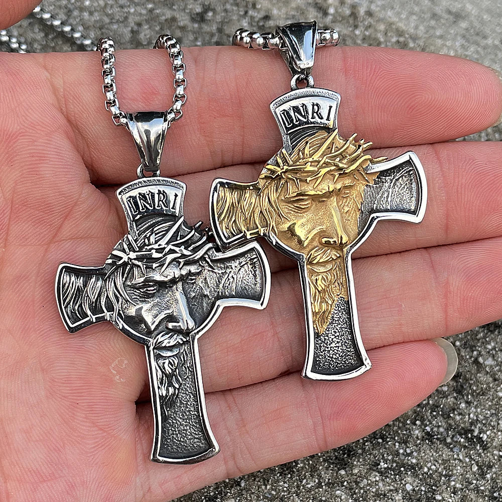 Stainless Steel Jesus Face Cross Pendant Necklace Men Boy Vintage Catholic Cross Jesus Necklace Chain Amulet Jewelry Gift